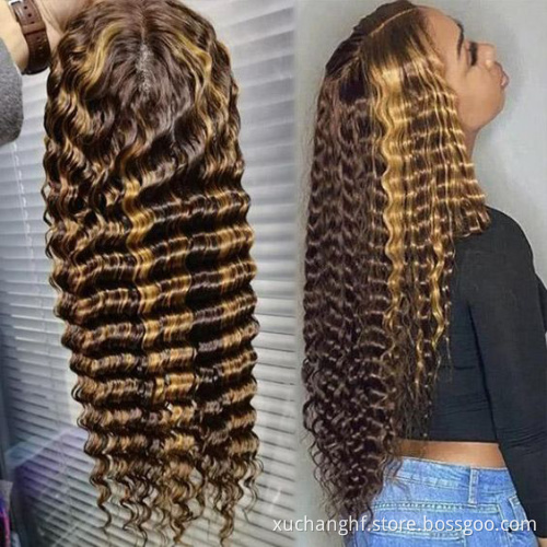 Glueless Highlight 26inch Water Wave Hair Wigs,Brazilian Virgin Lace Front Wig,Natural Pre-plucked Hairline Lace Frontal Wigs